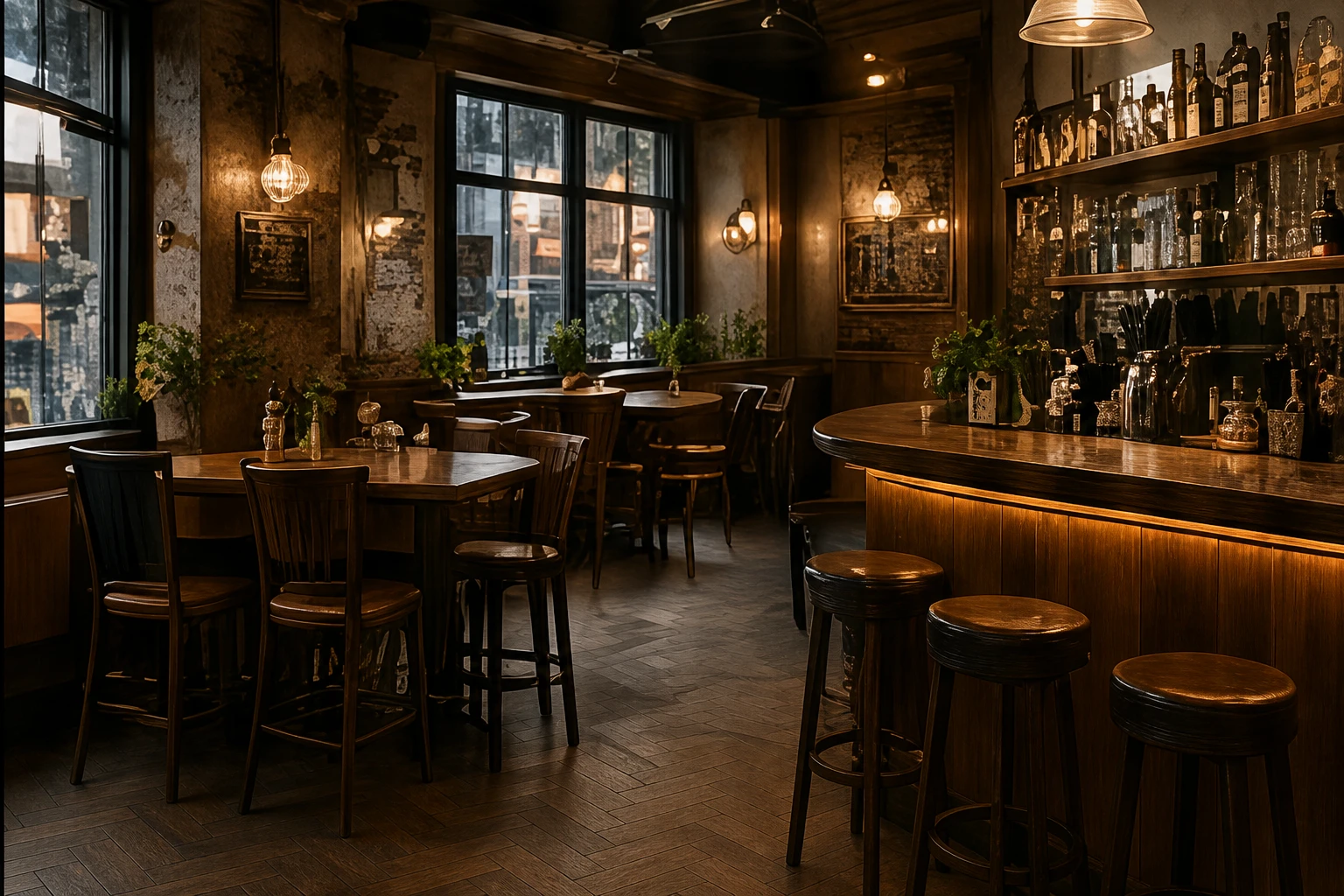 Warm verlicht interieur van Café De Haven met houten tafels en bar