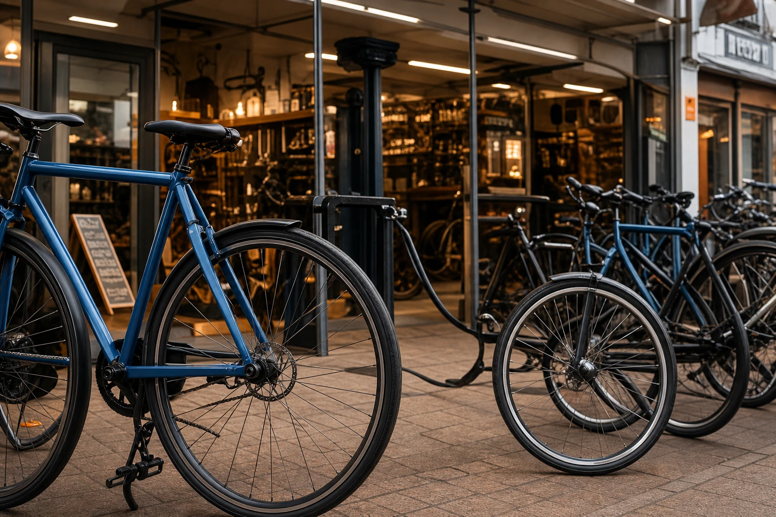 Blauwe fiets voorop in de winkel van Fietsshop Noord