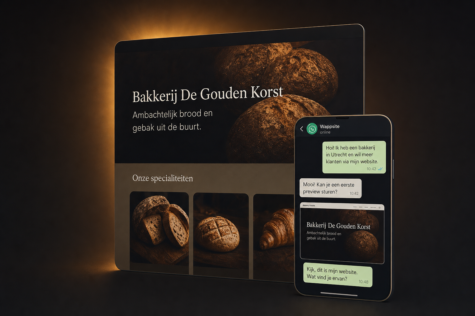 Wappsite bouwt websites via WhatsApp — desktop en mobiel voorbeeld