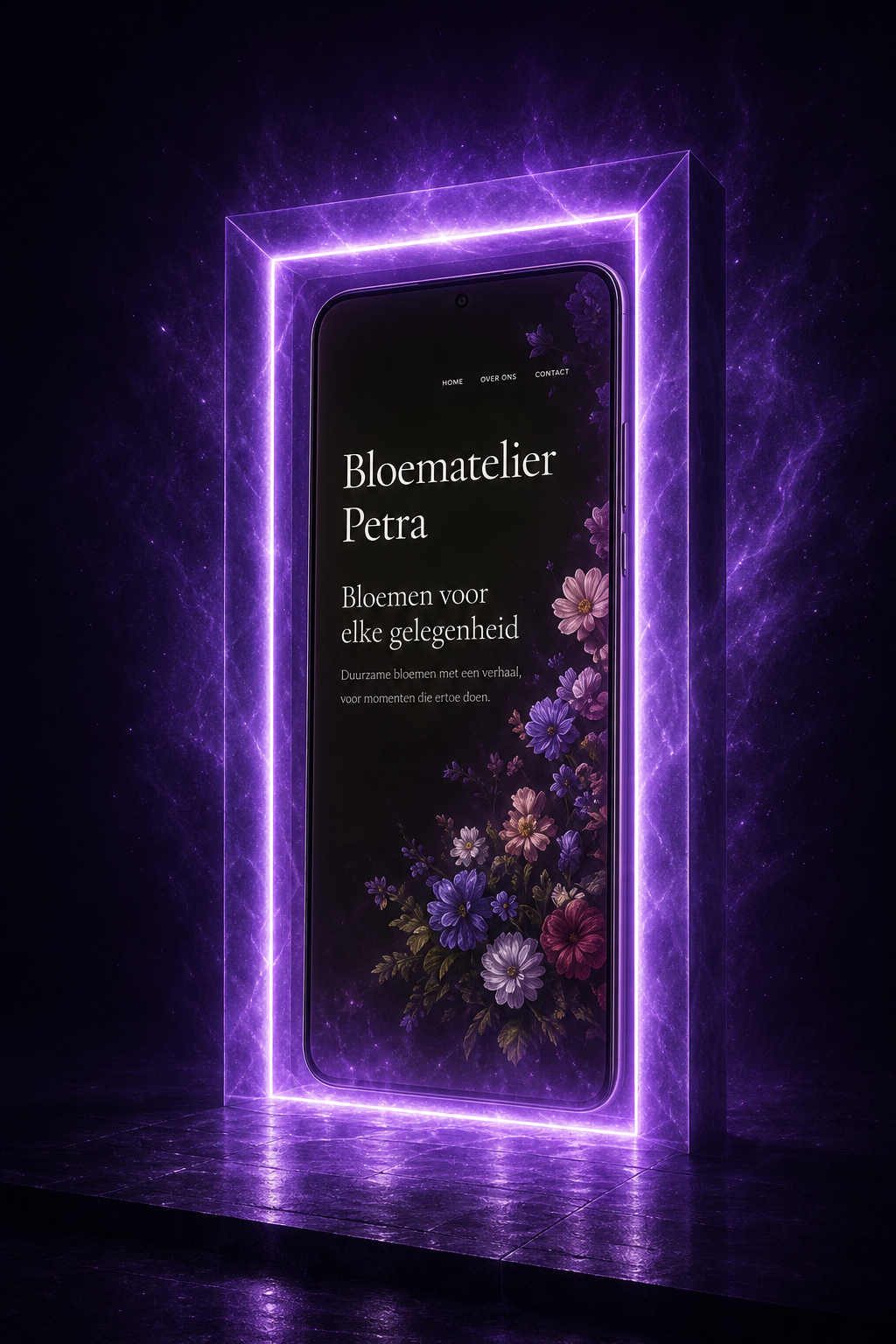 Smartphone in een gloeiende paarse portal toont een voorbeeldwebsite