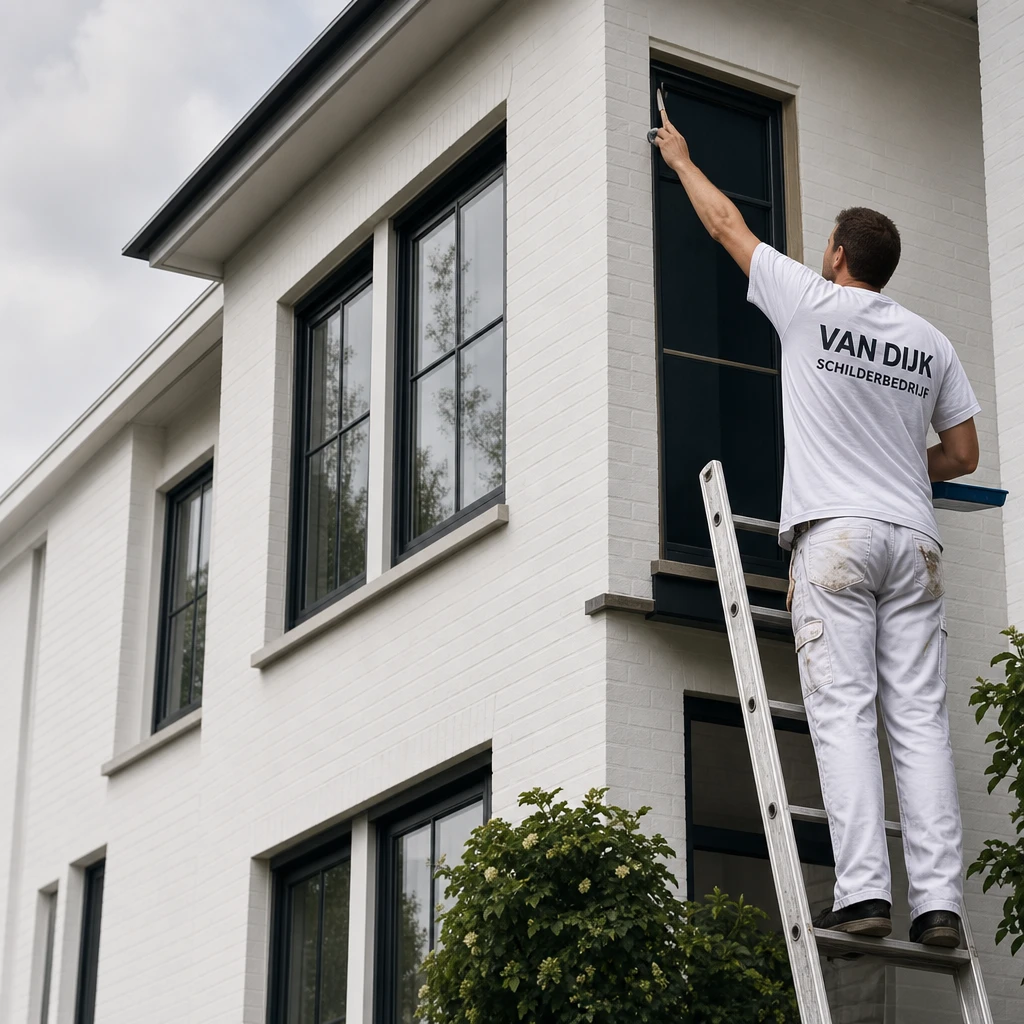 Schilder van Schildersbedrijf Van Dijk schildert een kozijn van een witte woning